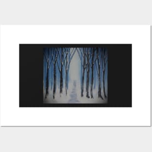 Winter Snow Path Snowy Trees Blue & White Art Painting done in graphic design art, Winter Landscape, Wall Art and Many Products Posters and Art